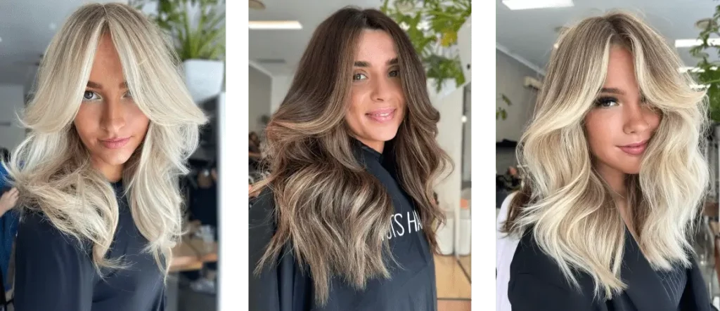 Three women showcasing flawless Yots Hair styles - platinum blonde, brunette balayage, and sun-kissed blonde, in a chic salon